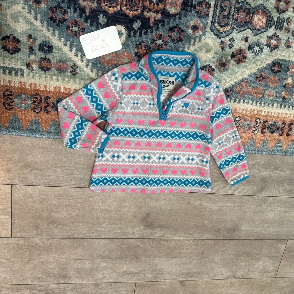 Y2K OshKosh B'Gosh Toddler Girl Fair Isle Print Pullover Sweater 3T Quarter-Zip